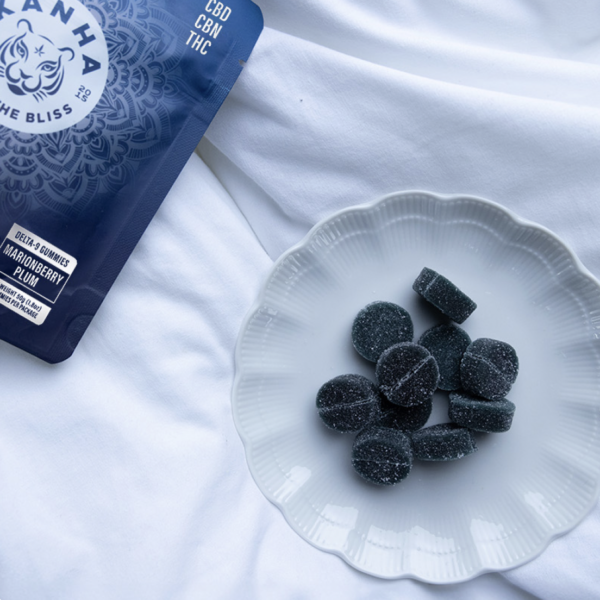 Image of KANHA Life FX Sleep Gummies on a white plate next to the packaging