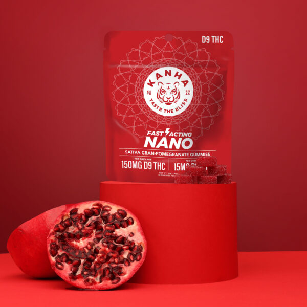 Image of KANHA Life Fast-Acting NANO Cran Pom D9 Gummies packaging on a pedestal next to an open pomegranate