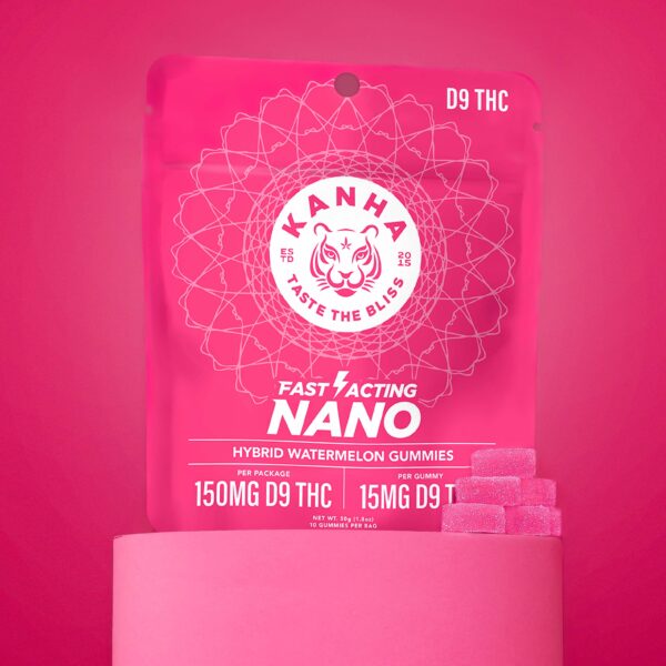 KANHA Fast-Acting NANO Hybrid Watermelon Gummies - packaging and a few gummies sitting on top of a pink pedestal