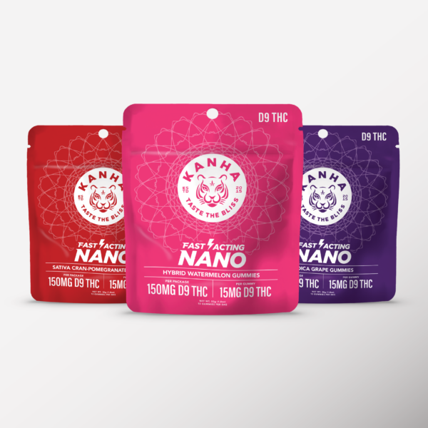 Product lineup of Fast-acting NANO THC Gummies - Indica, Sativa, Hybrid